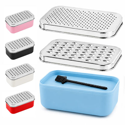 Cheese Grater with Storage Container, Box Grater Stainless Steel for Vegetables, Cheese Shredder 2 Sharp Blades for Fine & Coarse, Non-Slip Base, Lemon Zester, Includes Cleaning Brush (Blue)