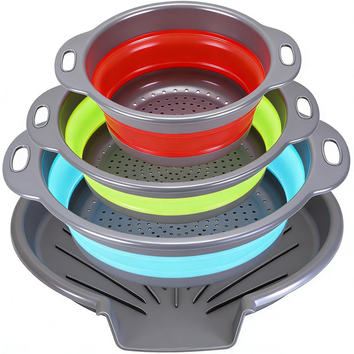 Collapsible Colander Set with Oversized Draining Tray | 3-Pack Foldable Kitchen Strainers + Base | Space Saving for Pasta, Veggies, Fruit & Rice | 5 Colors (Gray-Blue)
