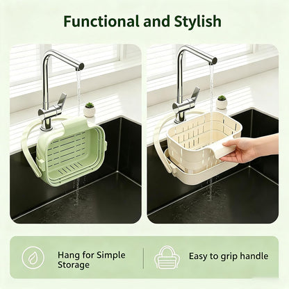 Foldable Hanging Sink Drain Basket, Stretchable Kitchen Colander with Handle, Space Saving Multi-functional Kitchen Storage Basket Draining for Food, Fruits, Vegetables, Utensils(Green)