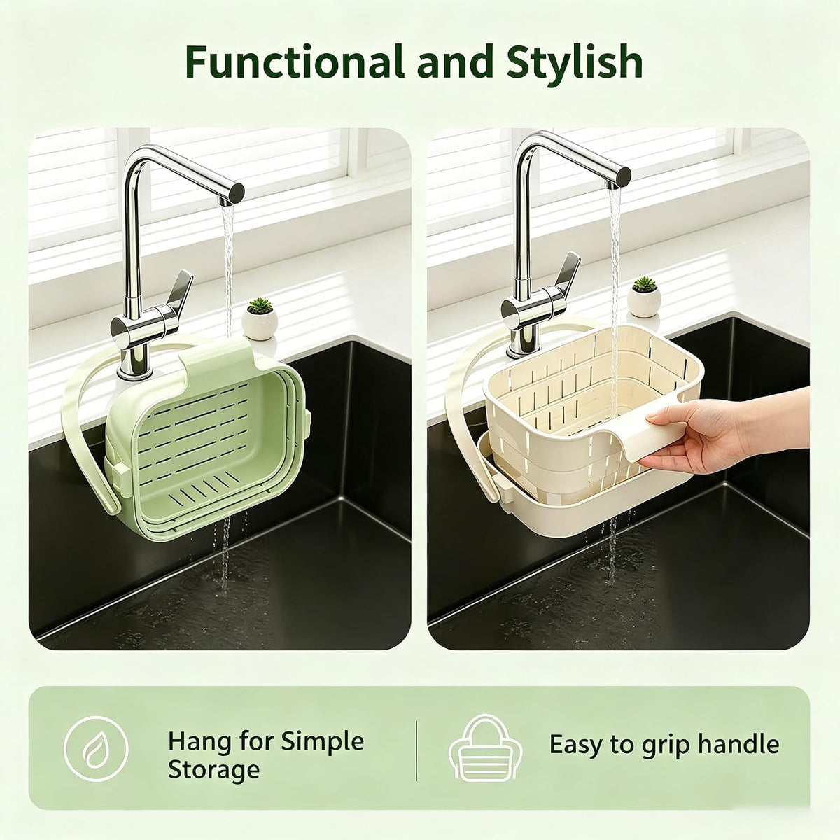 Foldable Hanging Sink Drain Basket, Stretchable Kitchen Colander with Handle, Space Saving Multi-functional Kitchen Storage Basket Draining for Food, Fruits, Vegetables, Utensils(White)