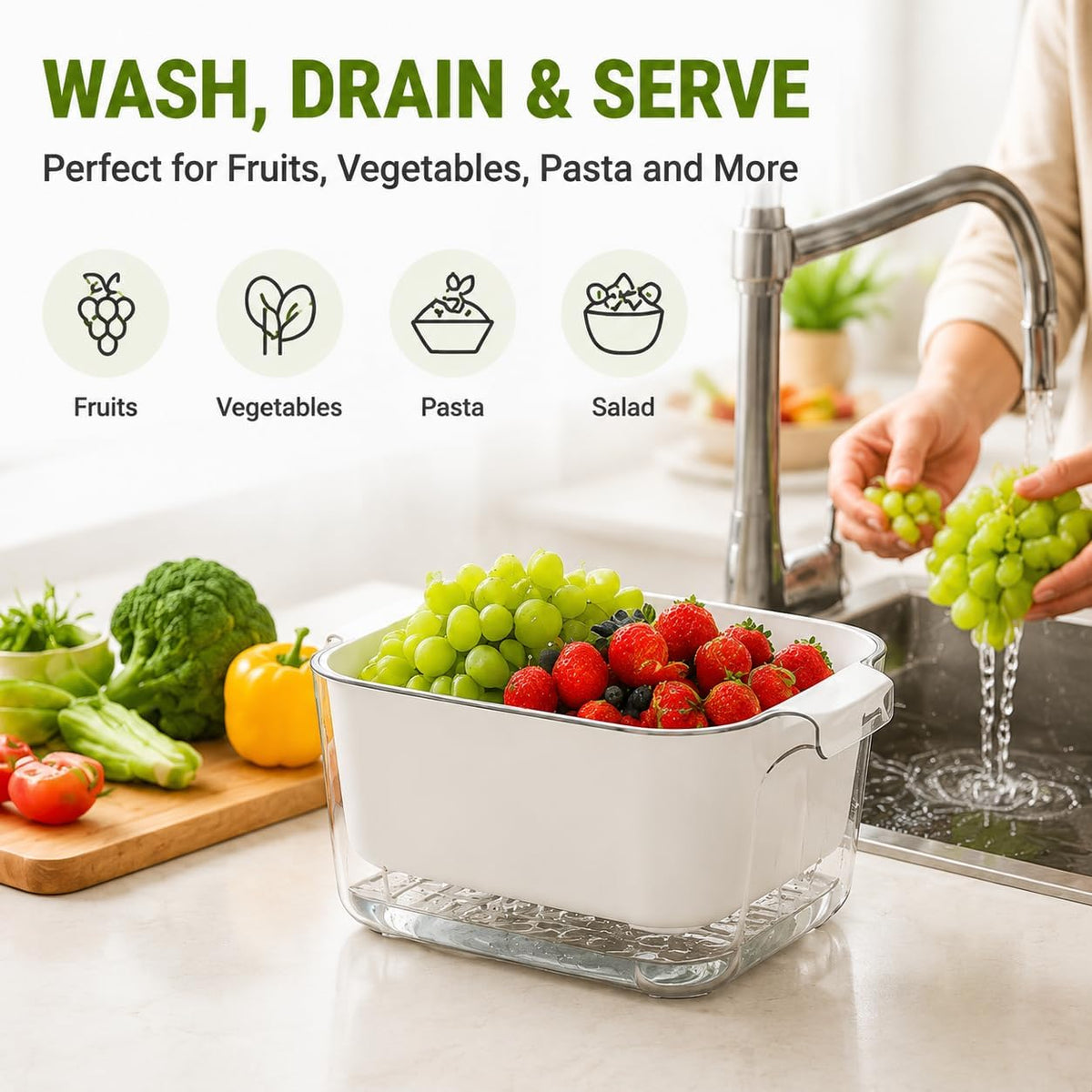 Double Layer Draining Basket for Kitchen, Fruit & Vegetable Washing Colander with Water Catch Tray, Food Grade Drain Basket, Large Capacity Produce Washer, Kitchen Strainer Bowl, Easy to Clean