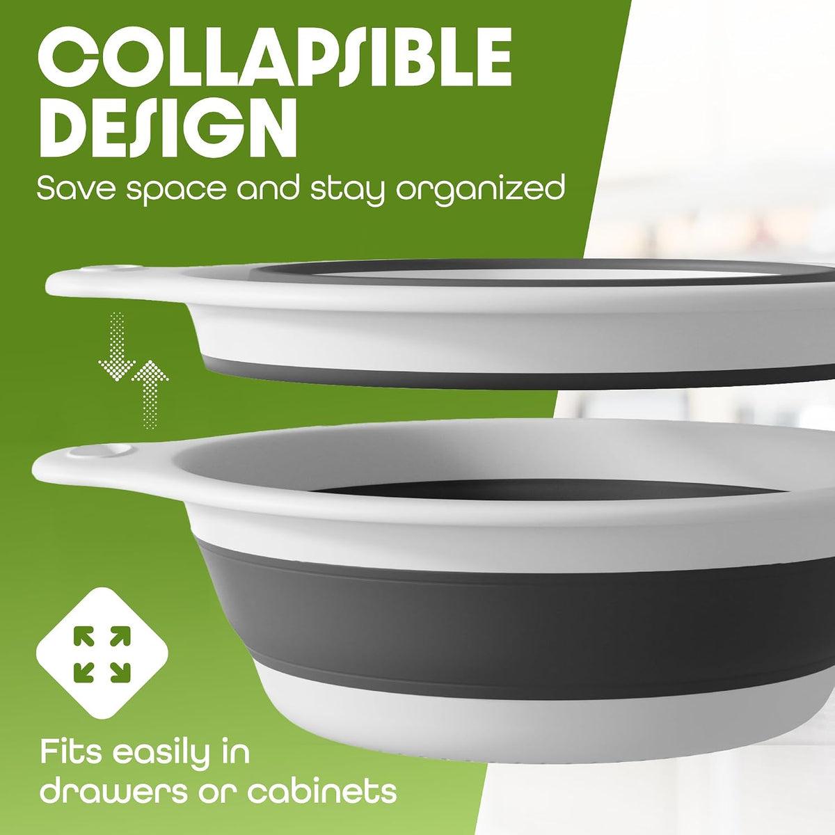Gevoli Collapsible Colander Strainer, Includes Over-sink Countertop Draining Base (5QT) Large Kitchen Drainer for Vegetables Fruit and Pasta, Round Foldable Draining Basket, Easy Storage (White)