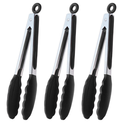 HINMAY Serving Tongs 9" Cooking Tongs with Silicone Tips, Set of 3 (Black)