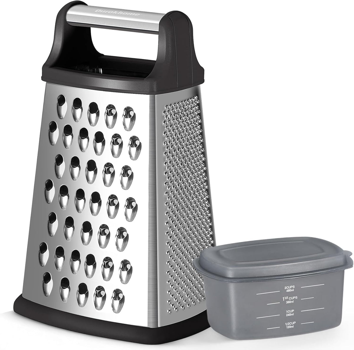 Ourokhome Cheese Grater, Handheld Box Grater with Container & Lid, 4-Sided Stainless Steel for Kitchen, Wavy Julienne, Slicer, Coarse Shred & Fine Zester, Non-Slip Base, Dishwasher Safe, 8 Inch