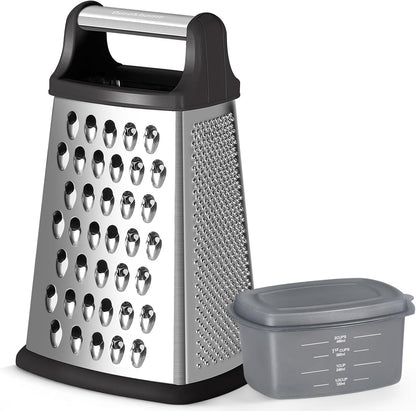 Ourokhome Cheese Grater, Handheld Box Grater with Container & Lid, 4-Sided Stainless Steel for Kitchen, Wavy Julienne, Slicer, Coarse Shred & Fine Zester, Non-Slip Base, Dishwasher Safe, 8 Inch
