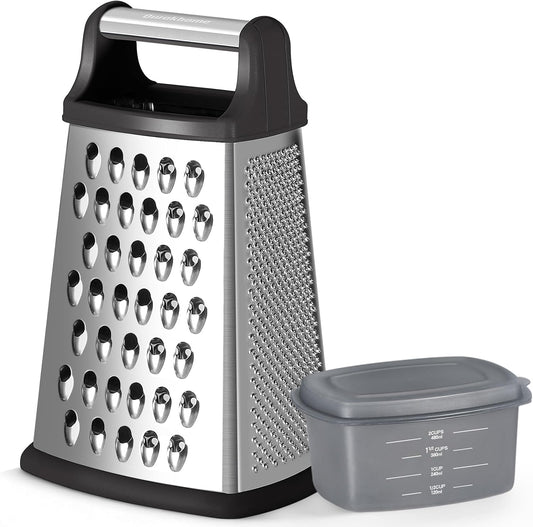 Ourokhome Cheese Grater, Handheld Box Grater with Container & Lid, 4-Sided Stainless Steel for Kitchen, Wavy Julienne, Slicer, Coarse Shred & Fine Zester, Non-Slip Base, Dishwasher Safe, 8 Inch