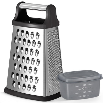 Ourokhome Cheese Grater, Handheld Box Grater with Container & Lid, 4-Sided Stainless Steel for Kitchen, Wavy Julienne, Slicer, Coarse Shred & Fine Zester, Non-Slip Base, Dishwasher Safe, 8 Inch