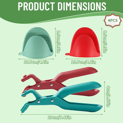 Hot Plate Gripper 4-Piece Set, Anti Scald Plate Gripper Tongs for Kitchen, Non-Slip Hot Plate Grippers for Handling Hot Dishes, Red and Green Silicone Grippers