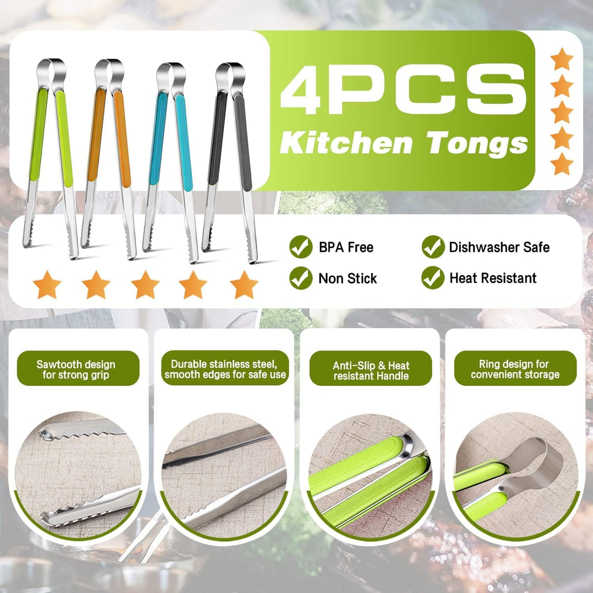 4Pcs Stainless Steel Kitchen Tongs for Cooking - 10" Metal Food Tongs With Non-Slip Comfort Grip, Non-Stick, High Heat Resistant for BBQ, Grilling and Serving