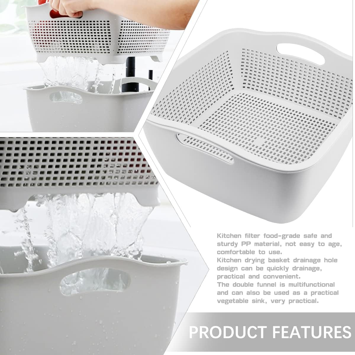 Double-layer Draining Basket Plastic Fruits Vegetable Washing Basket Food Storage Basket Multi-layer Stackable Vegetable Sinks Wash Drain Basket for Kitchen （Grey）