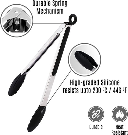 Kitchen Tongs Set, 2 Pack Stainless Steel with Silicone Tips