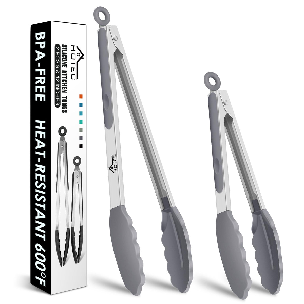 HOTEC Stainless Steel Kitchen Tongs with Silicone Tips, Set of 2-9" and 12"