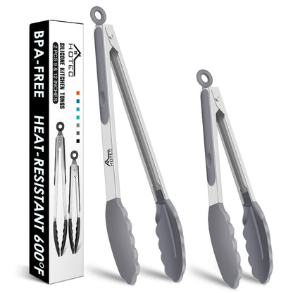 HOTEC Stainless Steel Kitchen Tongs with Silicone Tips, Set of 2-9" and 12"