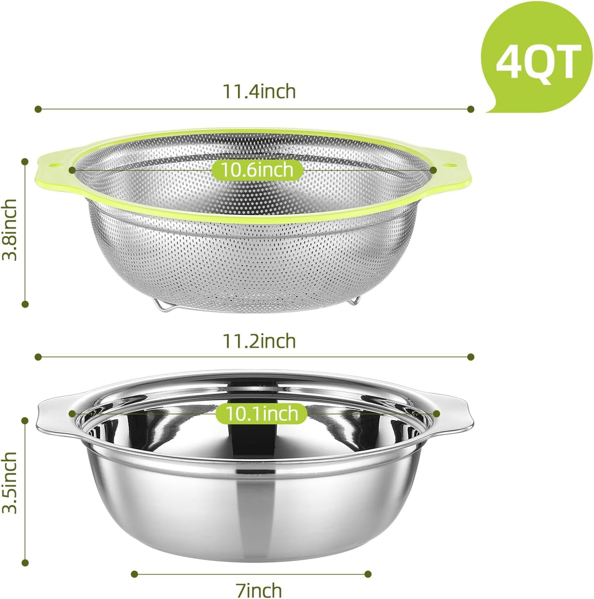 Colander Stainless Steel Microporous, 4QT Large Capacity Rice Strainer with Mixing Bowl, Rice Washing Bowl Set with Handle, Food-Grade Strainers and Colanders for Kitchen, Dishwasher Safe