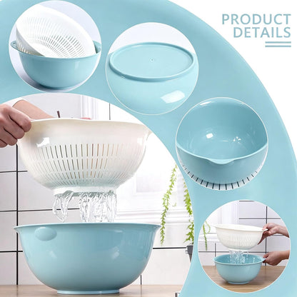 2-Piece Nesting Colander Bowl Set - Large Capacity Plastic Food Strainers for Pasta, Veggies & Fruits, Space-Saving Washing & Draining Basket (Blue)