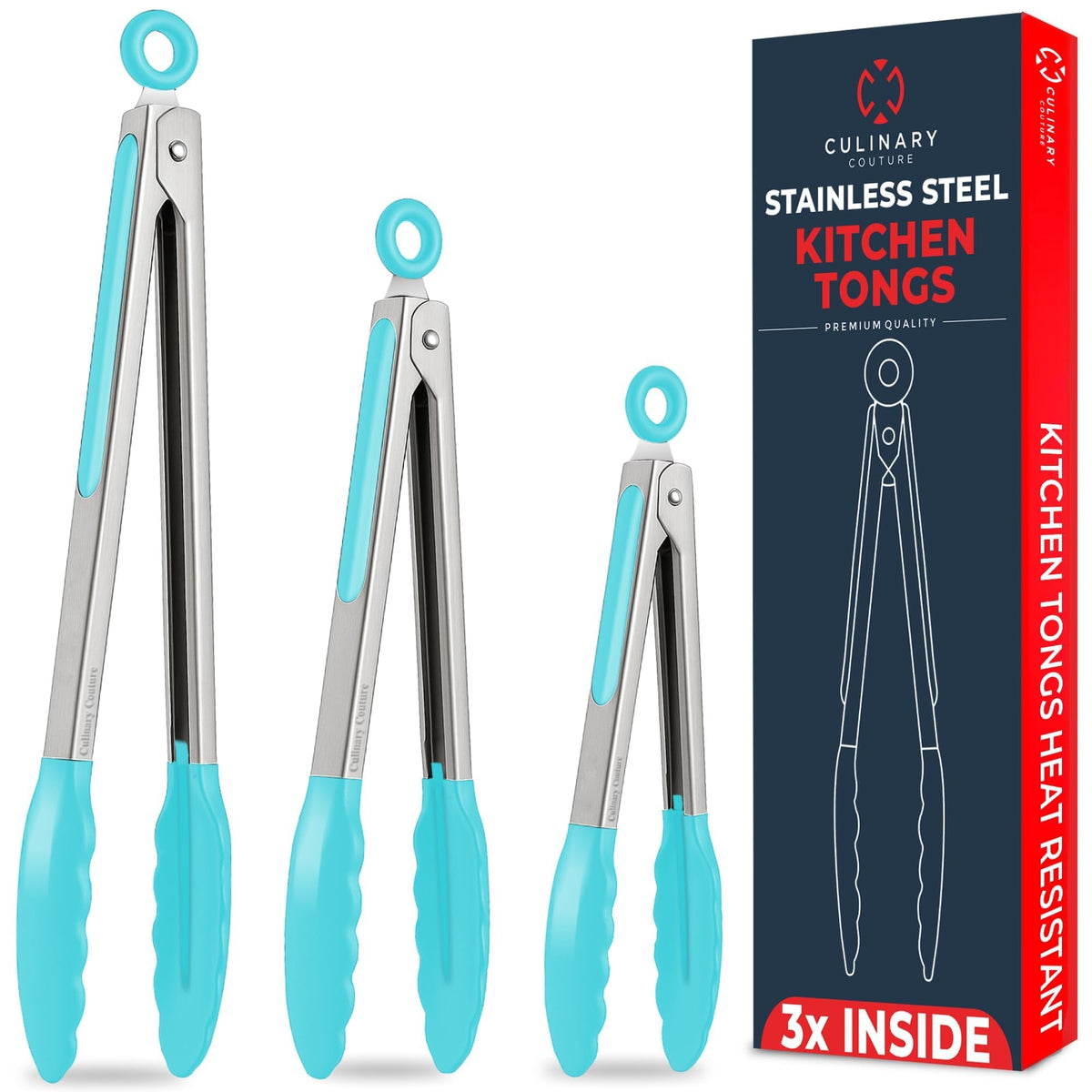 Kitchen Tongs - 12, 9 & 7 Inch Locking Silicone Tongs for Cooking, Set of 3