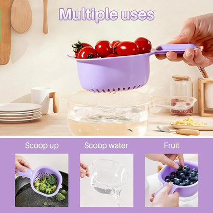 Kitchen Dual-Layer Draining Basket With Handle, Small Fruit Spinner And Strainer, Mini Colander, Dual Layer Rinser, Watermelon Bowl Strainer Container For Berries, Vegetables, Fruits (Purple)