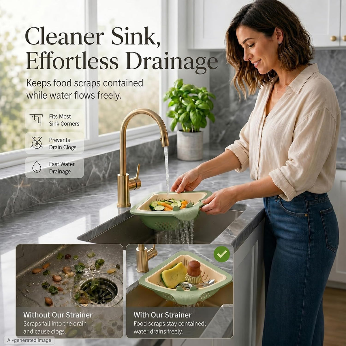 2026 New Corner Sink Strainer, Honeydew Cream Two-Tone, Twist-Open Bottom