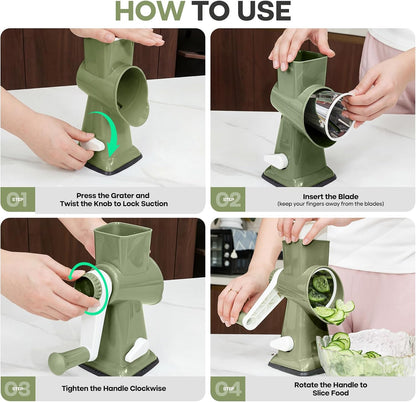 Rotary Cheese Grater, Cheese Grater Hand Crank, 3-Blade Grater