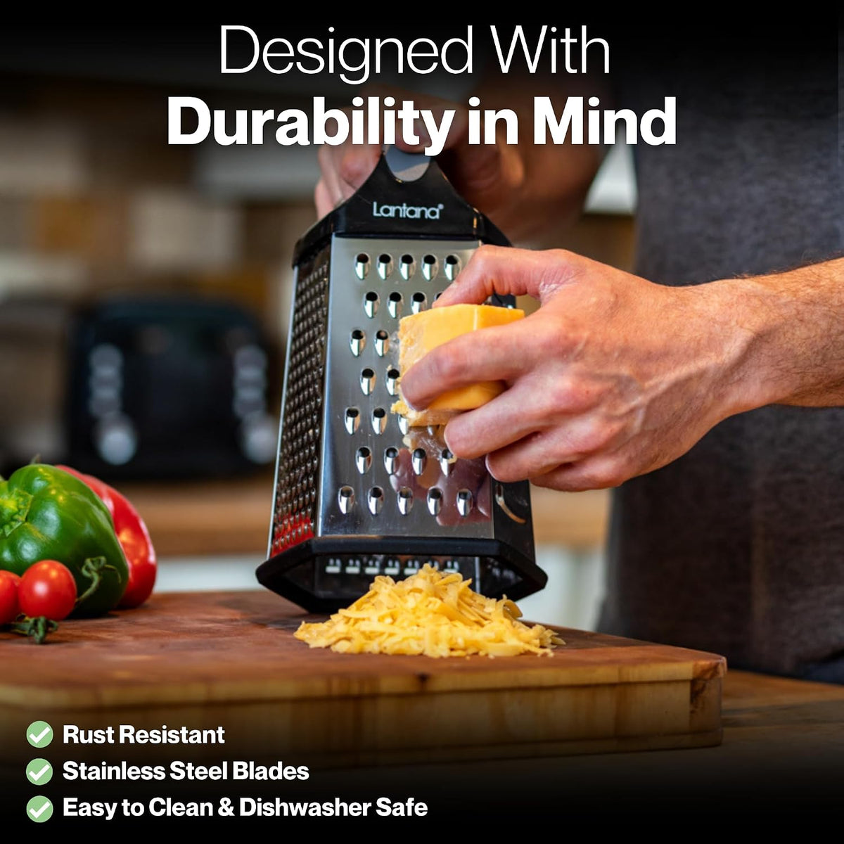 Lantana Cheese Grater with Container, Handheld Shredder, Zester (6 in 1)