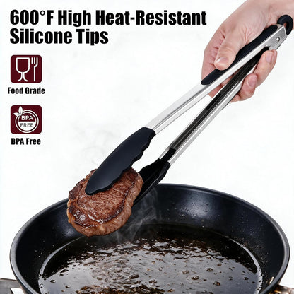 Kitchen Tongs with Silicone Tips, Cooking Tong Set 7/9/12 in and Oil Brush
