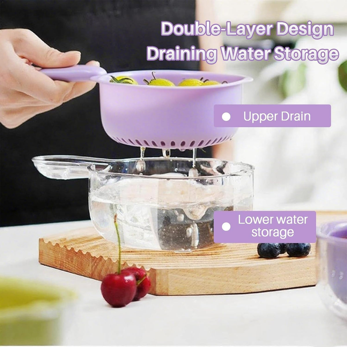 Kitchen Dual-Layer Draining Basket With Handle, Small Fruit Spinner And Strainer, Mini Colander, Dual Layer Rinser, Watermelon Bowl Strainer Container For Berries, Vegetables, Fruits (Purple)