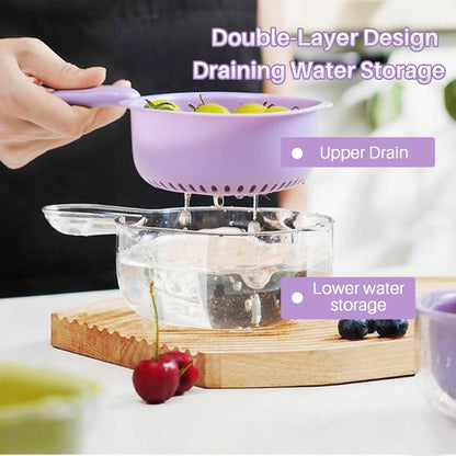Kitchen Dual-Layer Draining Basket With Handle, Small Fruit Spinner And Strainer, Mini Colander, Dual Layer Rinser, Watermelon Bowl Strainer Container For Berries, Vegetables, Fruits (Purple)