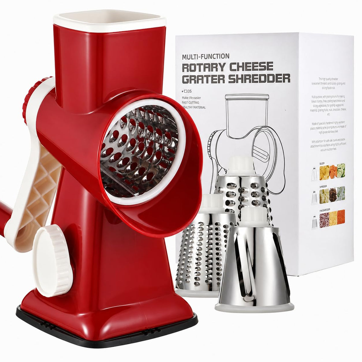 Rotary Cheese Grater Manual Hand Crank 3-in-1 Vegetable Shredde