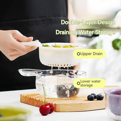 Small Fruit Colander,Fruit Rinser Strainer Container Dual-Layer Vegetable Cutting And Draining Basket,Watermelon Bowl With Strainer For Mini Berry And Tomato Grape Washer (White)