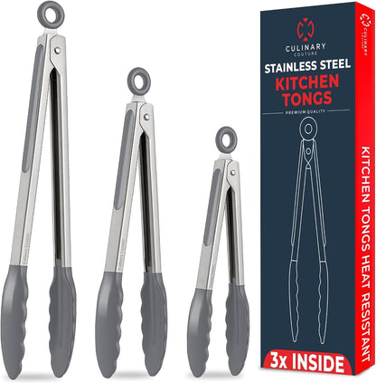 Kitchen Tongs - 12, 9 & 7 Inch Locking Silicone Tongs for Cooking, Set of 3
