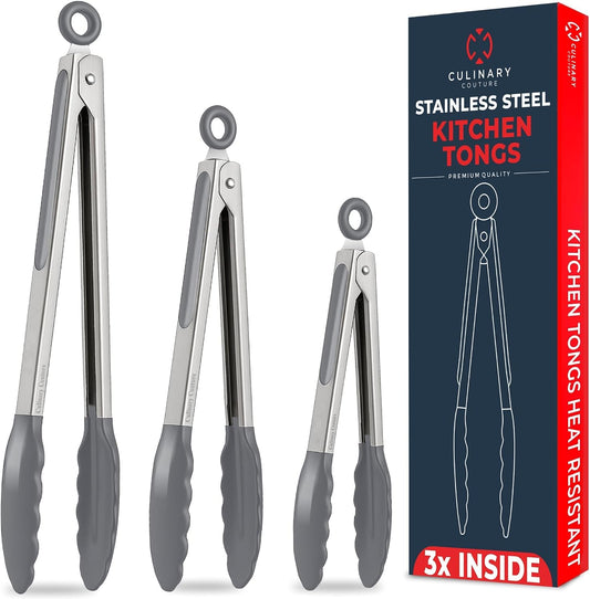 Kitchen Tongs - 12, 9 & 7 Inch Locking Silicone Tongs for Cooking, Set of 3