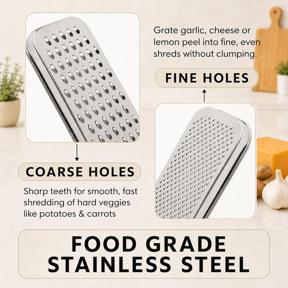 Cheese Grater with Storage Container, Box Grater Stainless Steel for Vegetables, Cheese Shredder 2 Sharp Blades for Fine & Coarse, Non-Slip Base, Lemon Zester, Includes Cleaning Brush (Blue)