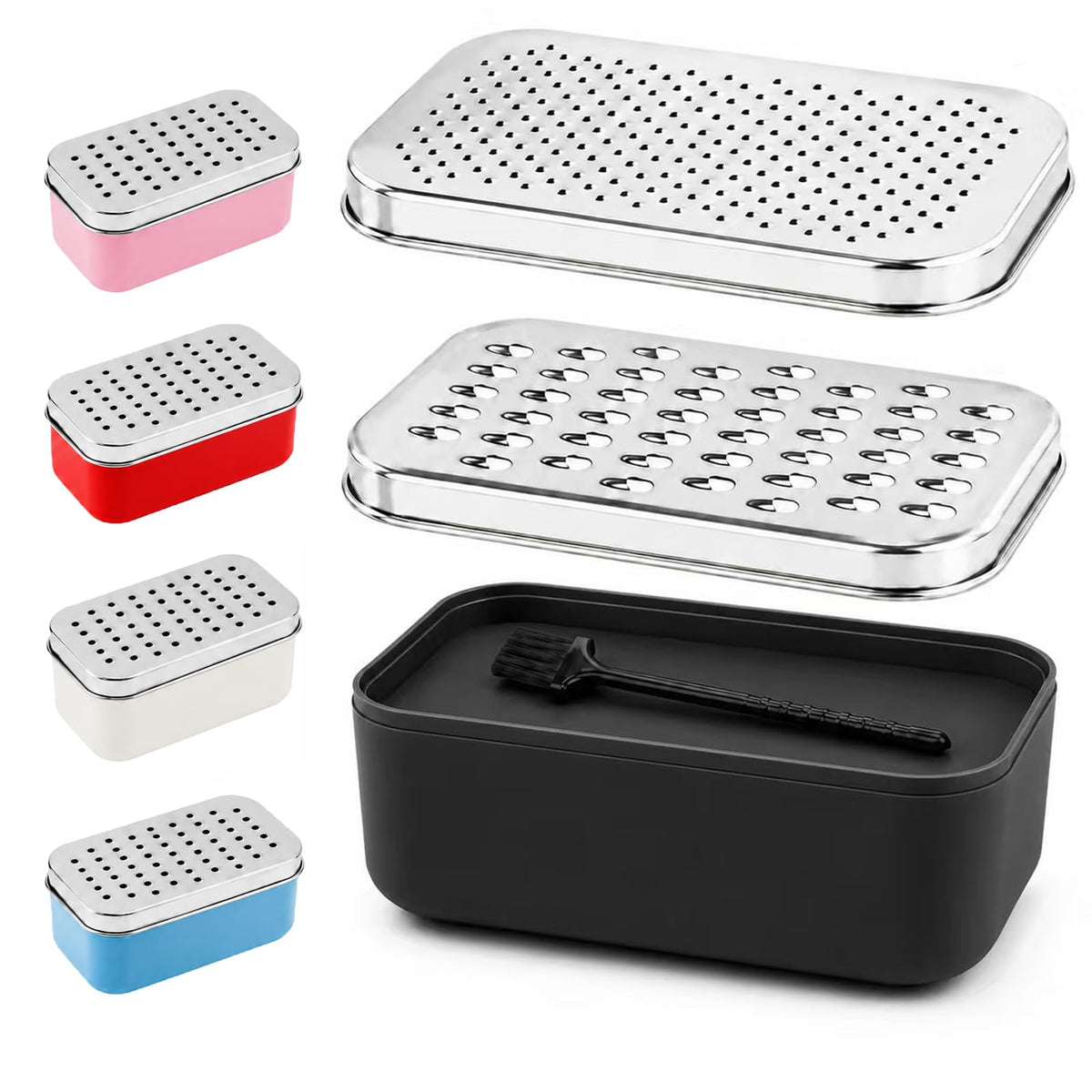 Cheese Grater with Storage Container, Box Grater Stainless Steel for Vegetables, Cheese Shredder 2 Sharp Blades for Fine & Coarse, Non-Slip Base, Lemon Zester, Includes Cleaning Brush (Blue)