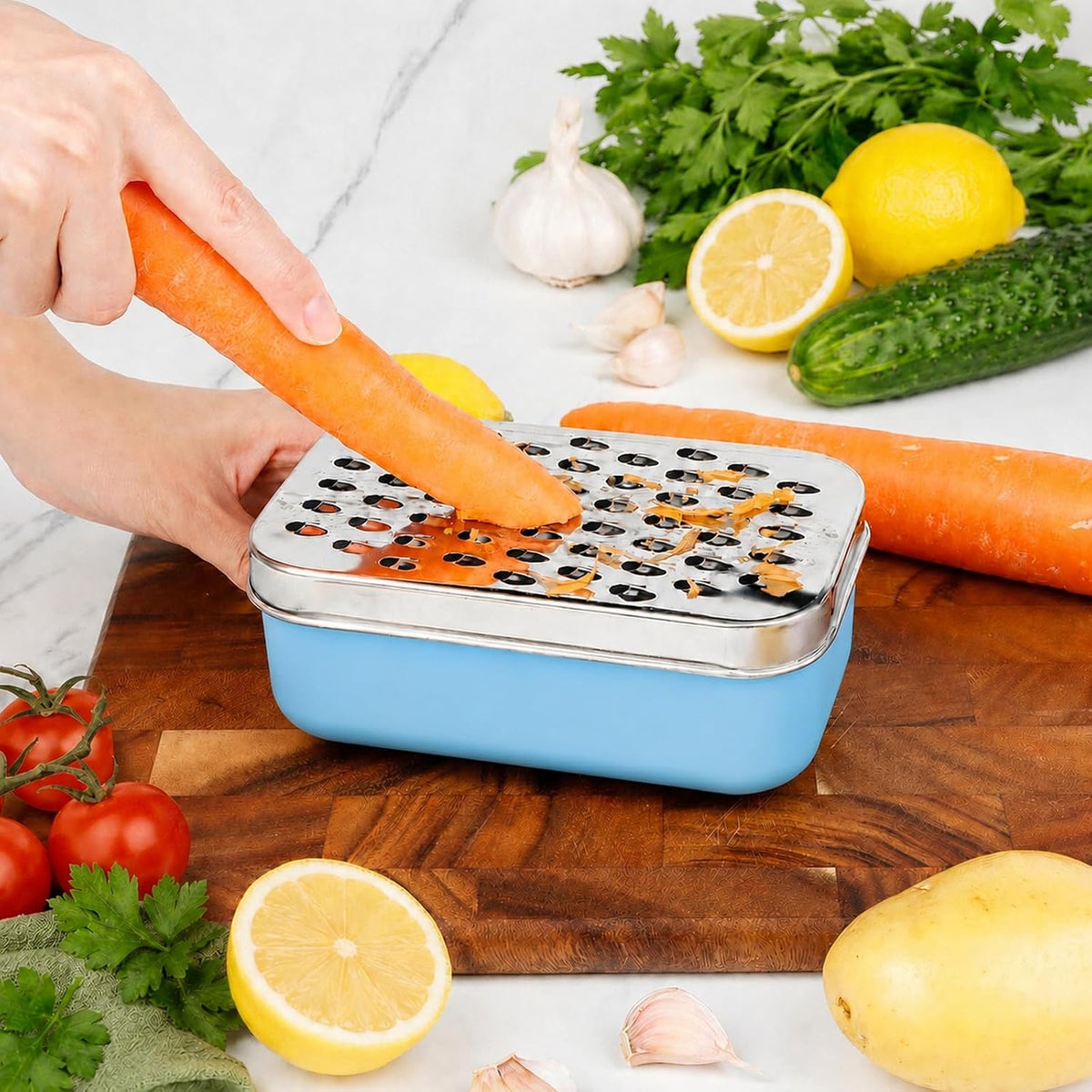 Cheese Grater with Storage Container, Box Grater Stainless Steel for Vegetables, Cheese Shredder 2 Sharp Blades for Fine & Coarse, Non-Slip Base, Lemon Zester, Includes Cleaning Brush (Blue)