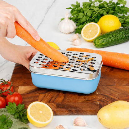 Cheese Grater with Storage Container, Box Grater Stainless Steel for Vegetables, Cheese Shredder 2 Sharp Blades for Fine & Coarse, Non-Slip Base, Lemon Zester, Includes Cleaning Brush (Blue)