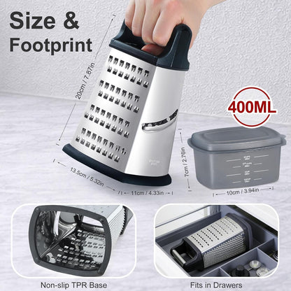 Ourokhome Cheese Grater, Handheld Box Grater with Container & Lid, 4-Sided Stainless Steel for Kitchen, Wavy Julienne, Slicer, Coarse Shred & Fine Zester, Non-Slip Base, Dishwasher Safe, 8 Inch