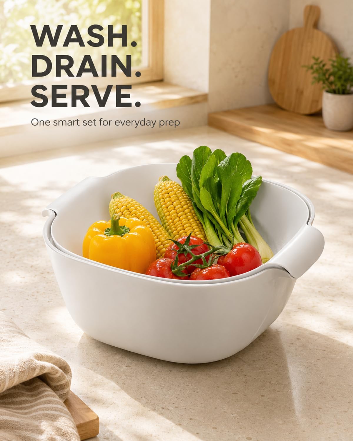 2-in-1 Colander Set for Kitchen, White Food-Safe PP Strainer