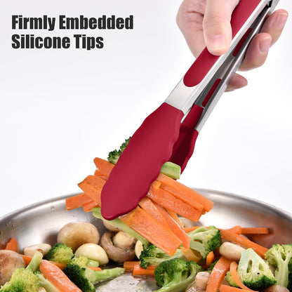 Doosu Kitchen Tongs with Silicone Tips for Cooking Serving (9+12in, Red)