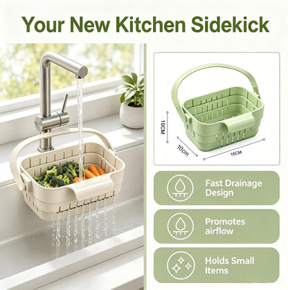 Foldable Hanging Sink Drain Basket, Stretchable Kitchen Colander with Handle, Space Saving Multi-functional Kitchen Storage Basket Draining for Food, Fruits, Vegetables, Utensils(Green)