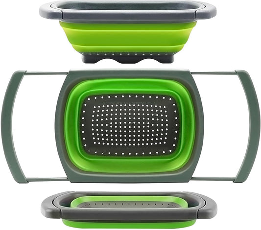 Qimh Colander collapsible, Colander Strainer Over The Sink Vegetable Fruit Strainer Basket (6 Quart) with Extendable Handles, New Kitchen Essentials