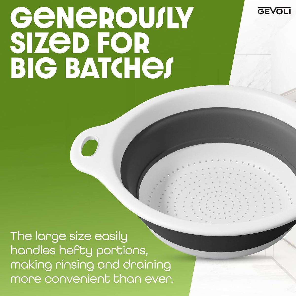 Gevoli Collapsible Colander Strainer, Includes Over-sink Countertop Draining Base (5QT) Large Kitchen Drainer for Vegetables Fruit and Pasta, Round Foldable Draining Basket, Easy Storage (White)