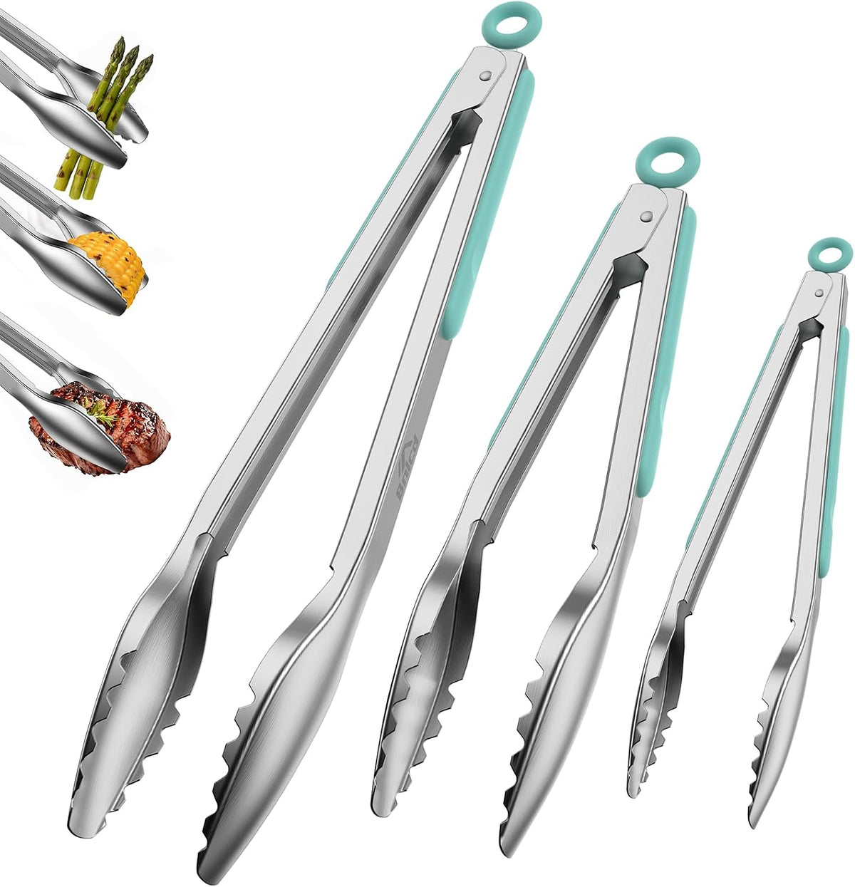 Stainless Steel Kitchen Tongs with Teeth Good Grip, Set of 3 Aqua Sky