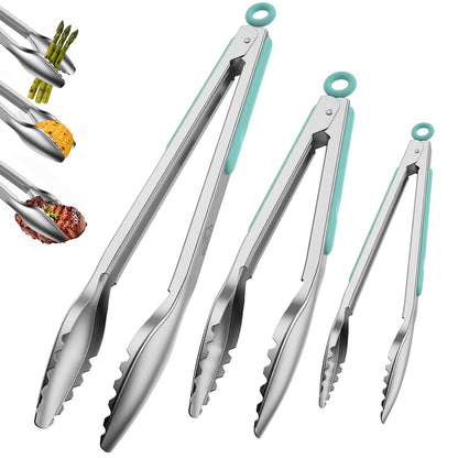 Stainless Steel Kitchen Tongs with Teeth Good Grip, Set of 3 Aqua Sky