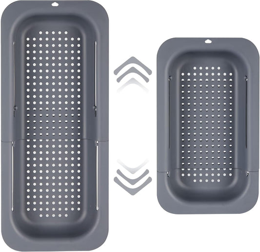 Kitchen Sink Colander, Extendable Strainer Basket Over the Sink for Wash Vegetables and Fruits, Drain Cooked Pasta and Dry Dishes 13.6"-18.9"L x 7.9"W x 2.6"H - Deepgray
