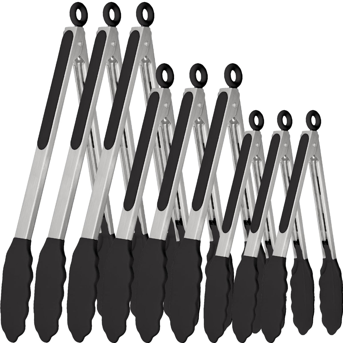 9 Pieces Silicone Tongs for Cooking 7,9,12 inches Kitchen Tongs with Silicone Tip Stainless Steel Heat Resistant Cooking Tongs for Food Grill Salad BBQ Frying and Serving, Black