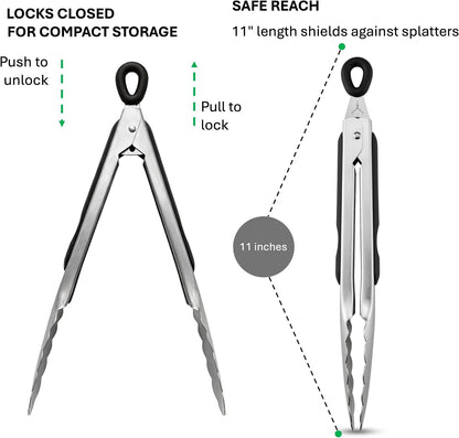 WALLFARM 11 Inch Silicone Grip Stainless Steel Kitchen Tongs