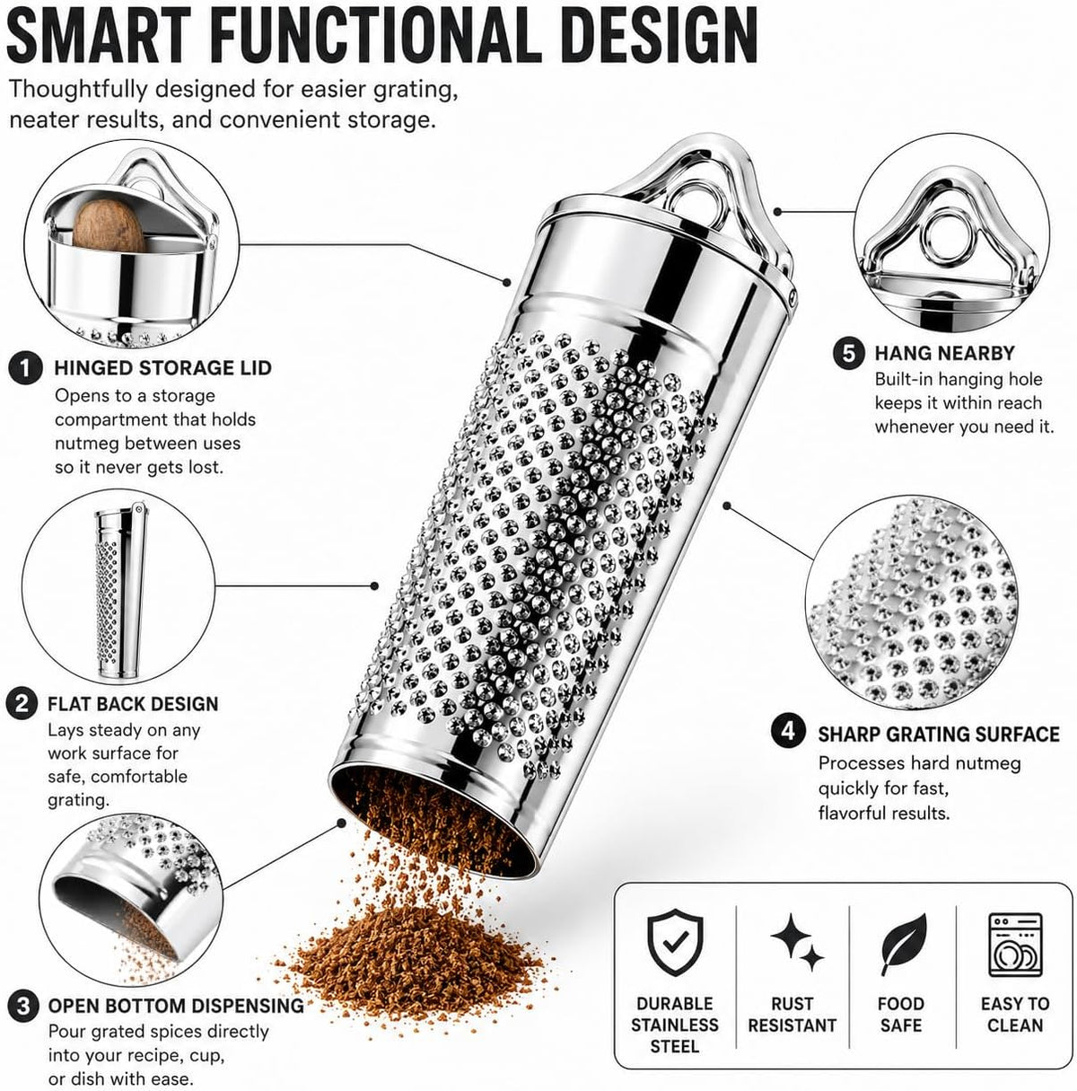 HIC Kitchen Nutmeg Grater, Stainless Steel, Grates Nutmeg, Cinnamon Sticks, Block Chocolate, Ginger, and Hard Cheeses