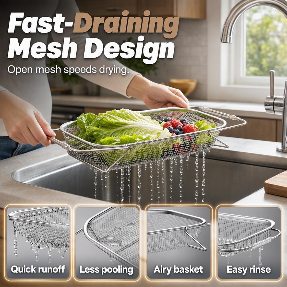 Stainless Steel Over-The-Sink Colander Strainer Basket, Expandable Sink Colander for Kitchen, Vegetable Washing & Food Draining (11.5 * 8.5in)
