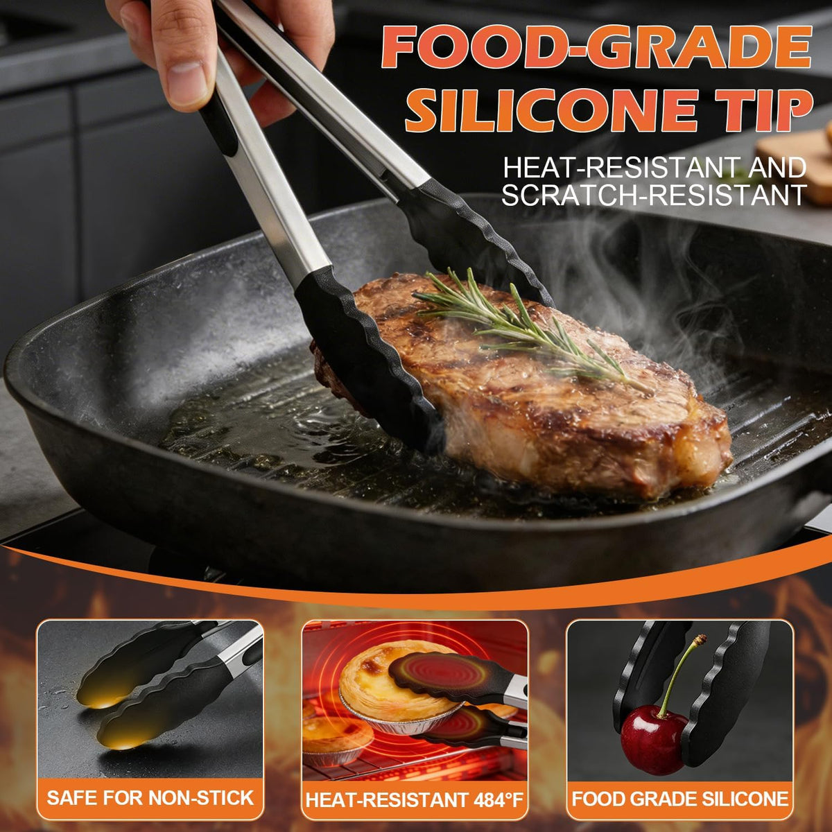 TACGEA Stainless Steel Kitchen Tongs with Silicone Tips, Locking Grilling Food Tongs, 9" and 12", Set of 2 Black