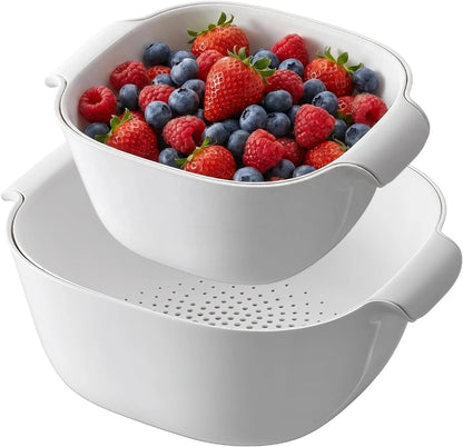 Sylfaen 2 in 1 Colander for Kitchen, Large Capacity Colander with Mixing Bowl, BPA Free Plastic Food Strainer for Vegetables Fruit Rice and Pasta Washing Draining Basket (2 Sets)